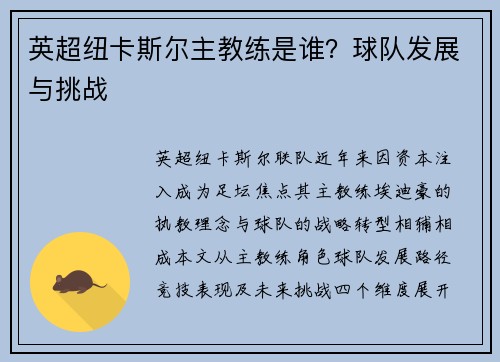 英超纽卡斯尔主教练是谁？球队发展与挑战